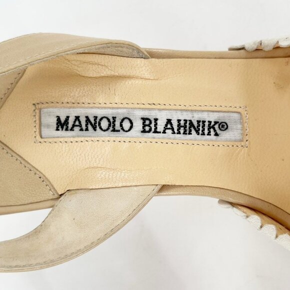 Manolo Blahnik Retro Floral Eyelet Beige Pointed Cap Toe Slingback Heel - Picture 10 of 10